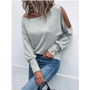 One Cold Shoulder Asymmetric Boat Neck Grey Long Sleeve Tee Shirt